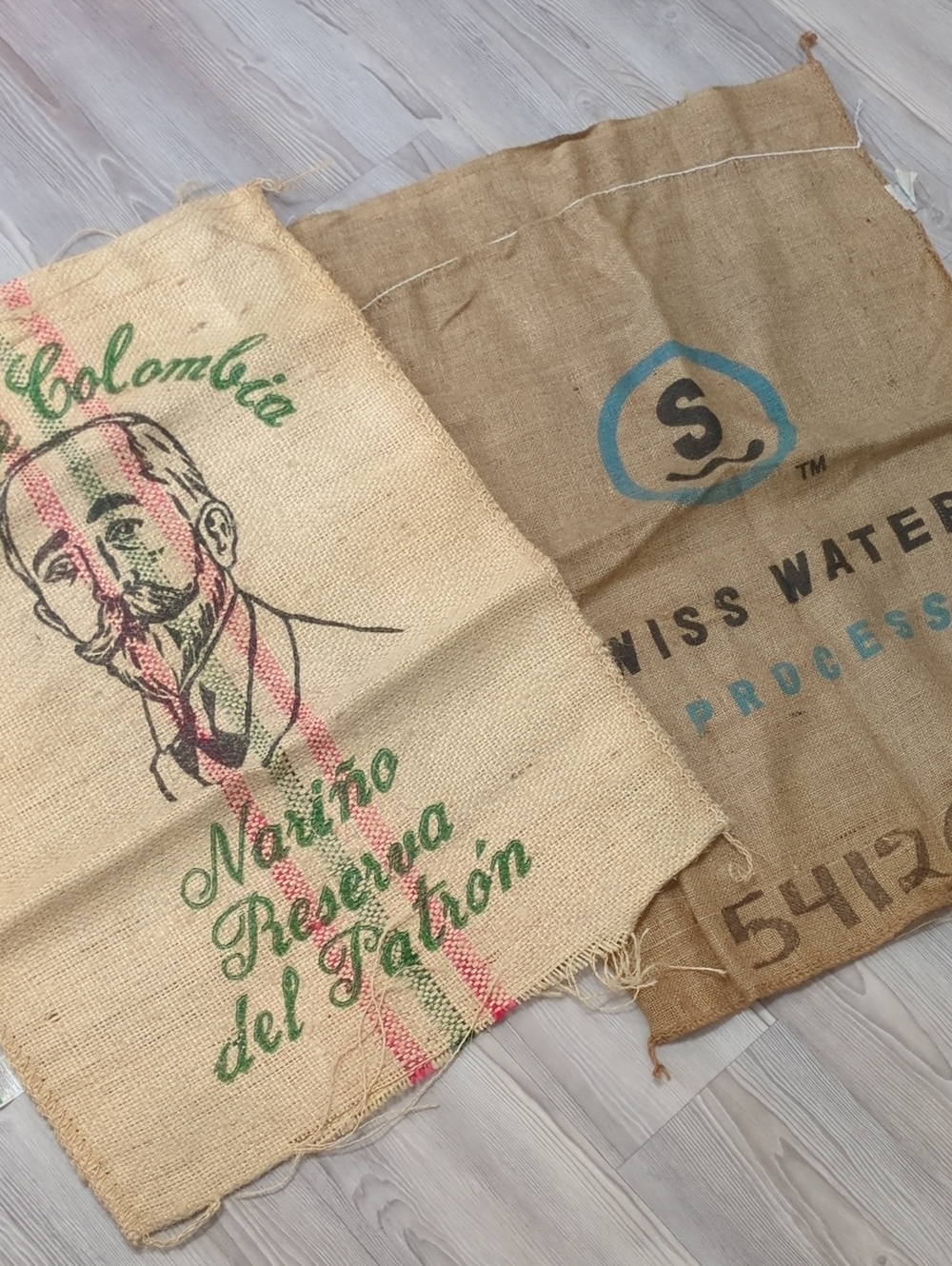 2 Vintage Coffee Burlap Sacks Cafe de Colombia Swiss Water Jute Bags Decor